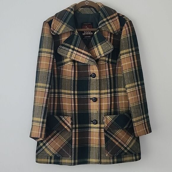Elli Vintage Retro Yellow Green Plaid Wool Coat Jacket Made In Germany M - Picture 1 of 8